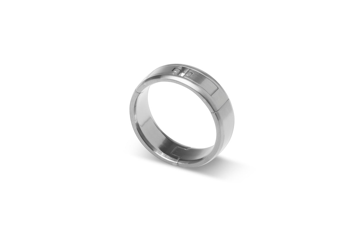 Hinged, aircraft grade, U.S. made, Titanium and hardened stainless steel wedding ring, Center-Pull, openable ring.