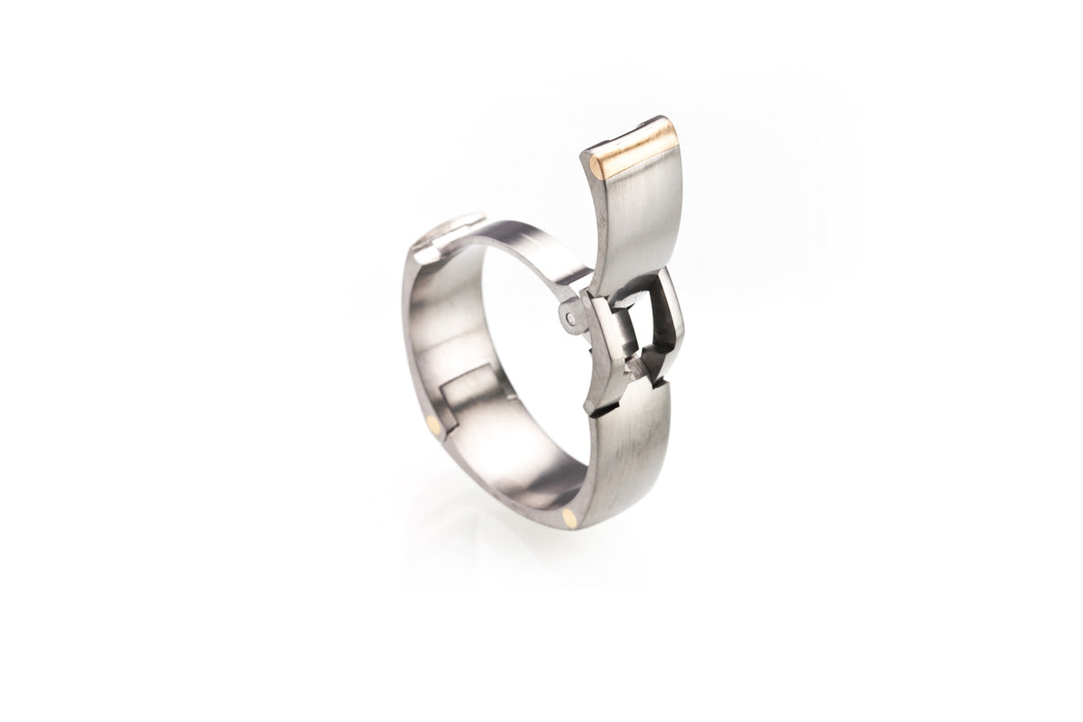 Hinged, Pinch operated, openable ring. U.S. made, Titanium, yellow gold, white gold, rose gold, platinum, and hardened stainless steel wedding ring, toggle-Pull, openable ring