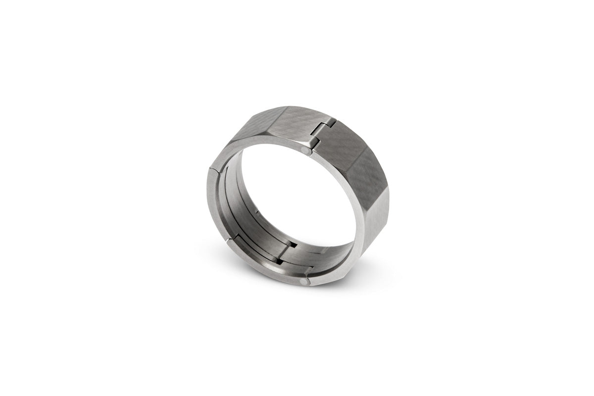 Dodecagon shaped, hinged Active, openable ring. U.S. made, Titanium and hardened stainless steel wedding ring, toggle-Pull, openable ring